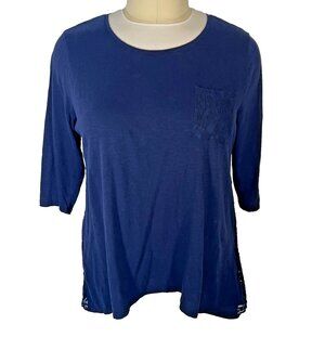 Style & Co Tunic Top Womens XL Navy Lace Back Tulip Petal Hem 3/4 Sleeve Pocket